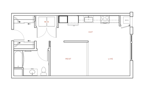 Floor plan for 1 bed, 1 bath, 618 sqft